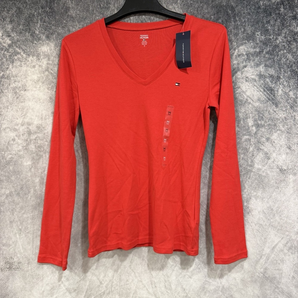 Tommy Hilfiger Womens Long Sleeve V Neck T-Shirt Red Size M